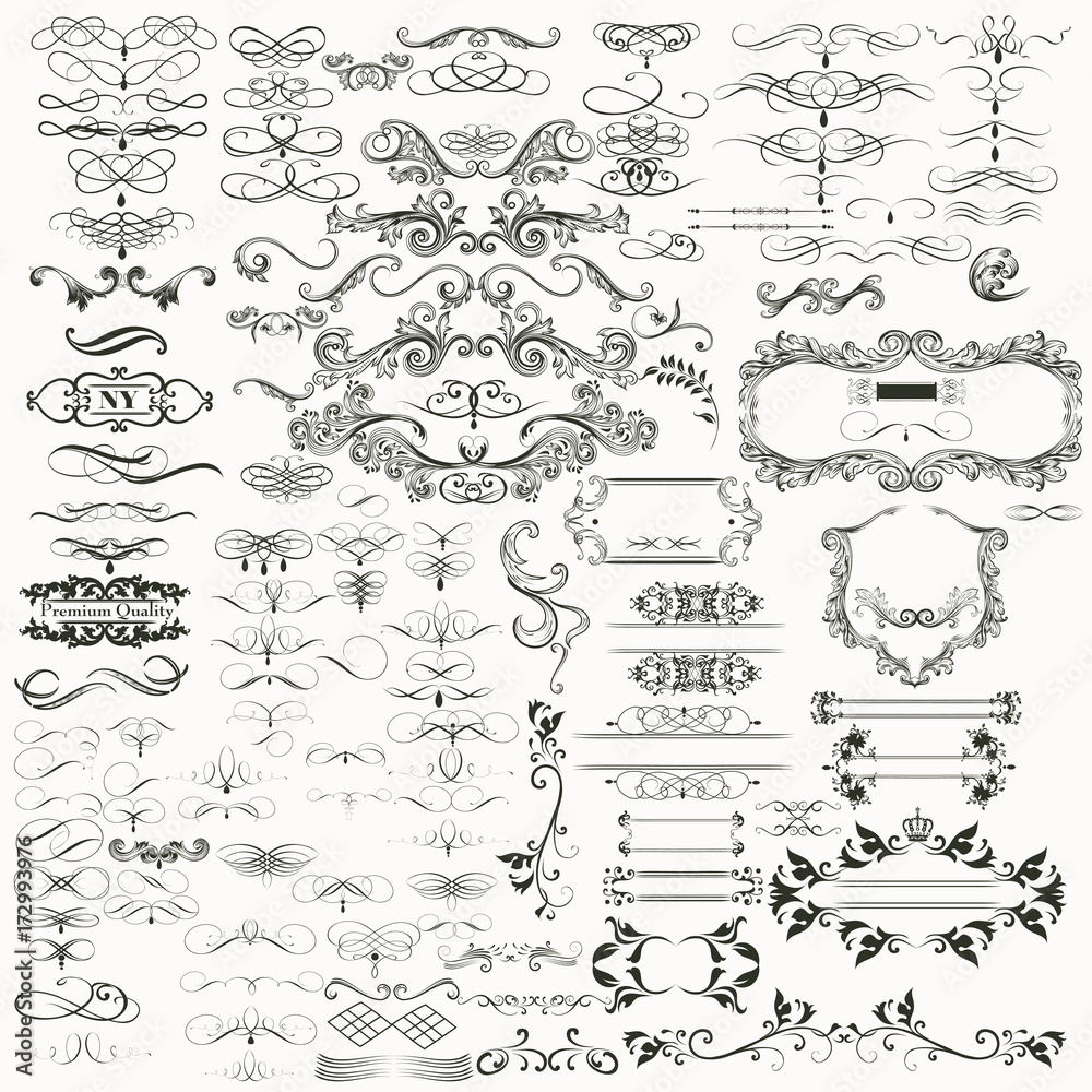 Mega set or collection of vector  hand drawn flourishes  in vintage style