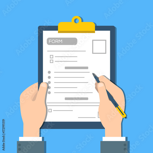Man fills the form of document. Human hands hold the clipbord with form. Top view Vector photo