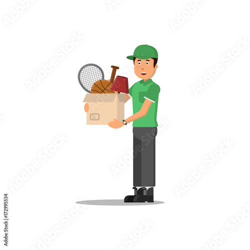 Moving concept. Delivery serviceman icons with box, worker, mover. Vector illustration