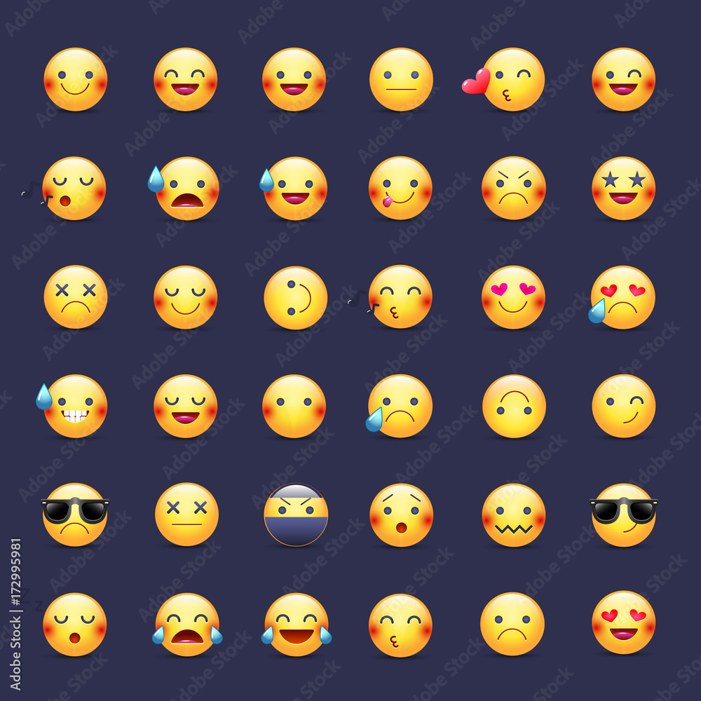 Smileys vector icon set. Emoticons pictograms. Happy, merry, singing, sleeping, ninja, crying, in love and other round yellow smileys. Large collection of smiles