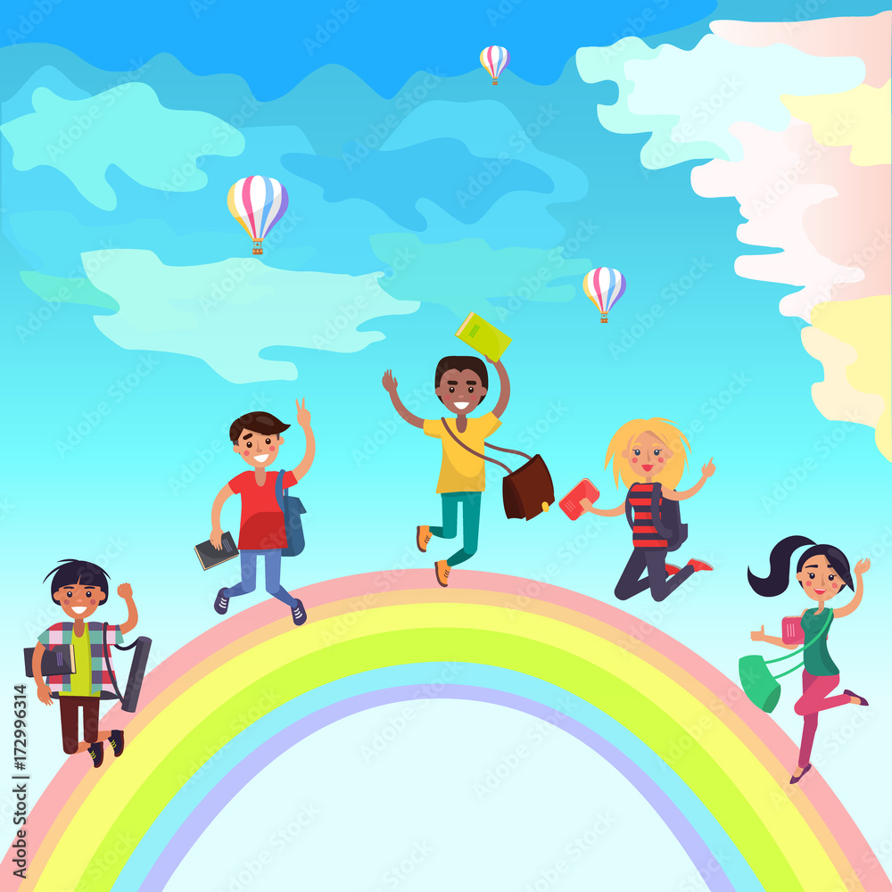 Happy Jumping Students on Rainbow Illustration