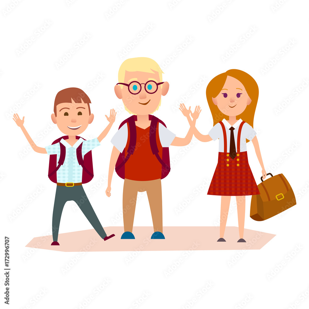 Happy Schoolchildren with Bags Waving their Hands Happy Schoolchildren with Bags Waving their Hands