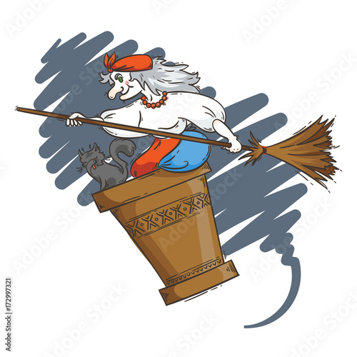 Baba Yaga flying in a mortar with cat and broomstick in the night. Russian granny witch. Halloween cartoon illustration.