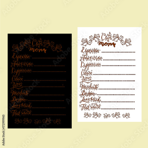 Menu in two colors background. Coffee drinks. Modern calligraphy