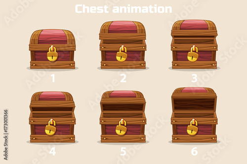 Animation antique old box, step by step open and closed wooden Treasure chest