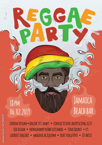 Template of advertising poster for reggae music concert or party. Black man in rasta hat making smoke cloud. Rastaman smoking marijuana. Vector illustration.