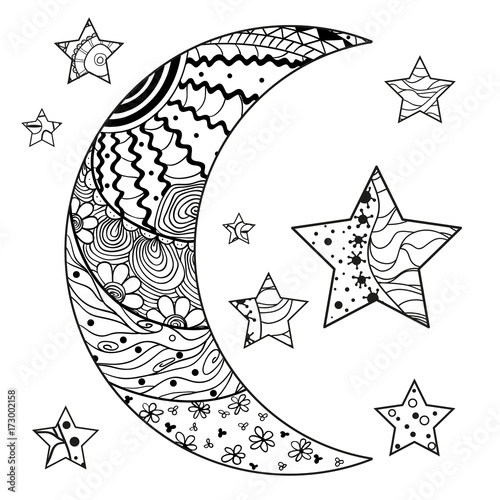 Zentangle moon and star with abstract patterns on isolation background. Design for spiritual relaxation for adults. Line art creation. Black and white illustration for anti stress colouring page. 