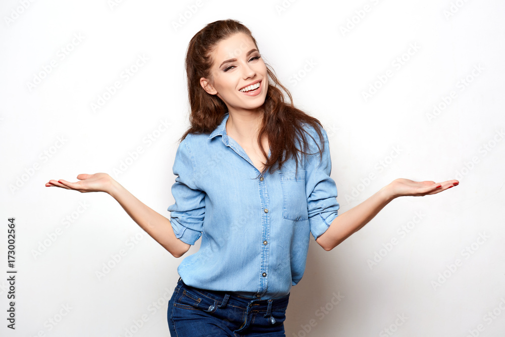 beautiful joyful girl in denim styling on solid background beautiful joyful girl in denim styling on solid background