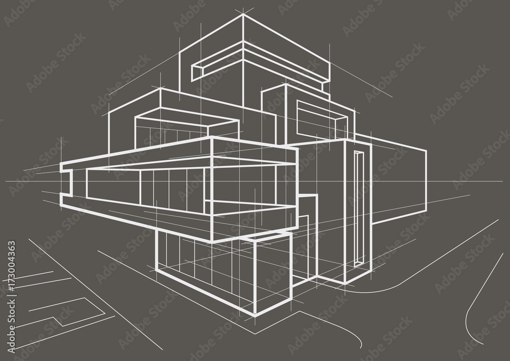 abstract architectural linear sketch of multi-storey building on gray background
