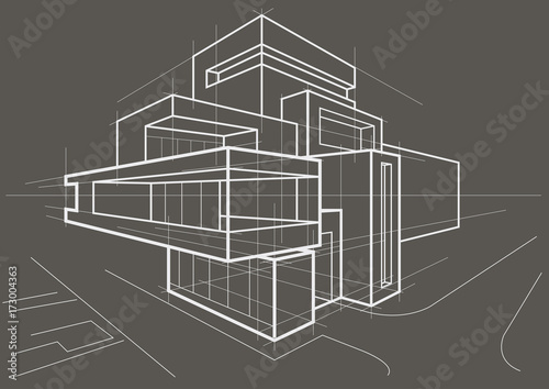 abstract architectural linear sketch of multi-storey building on gray background
