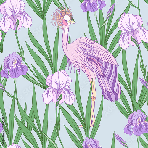 Seamless pattern with purple iris in Japanese style. Vector stoc