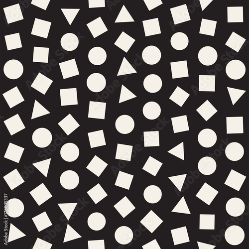 Seamless primitive jumble minimalism patterns. Randomly scattered geometric shapes. Abstract background design