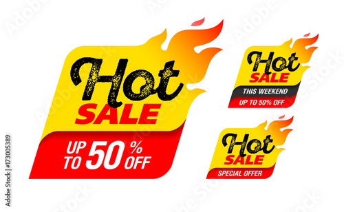 Hot Sale labels, stickers. This weekend special offer, big sale, discount up to 50% off