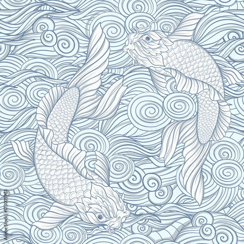 Seamless pattern with Japanese carps and traditional Japanese pa