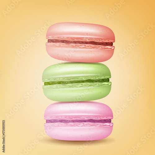 Realistic Macarons Vector. Sweet French Macaroons On Yellow Background Illustration.