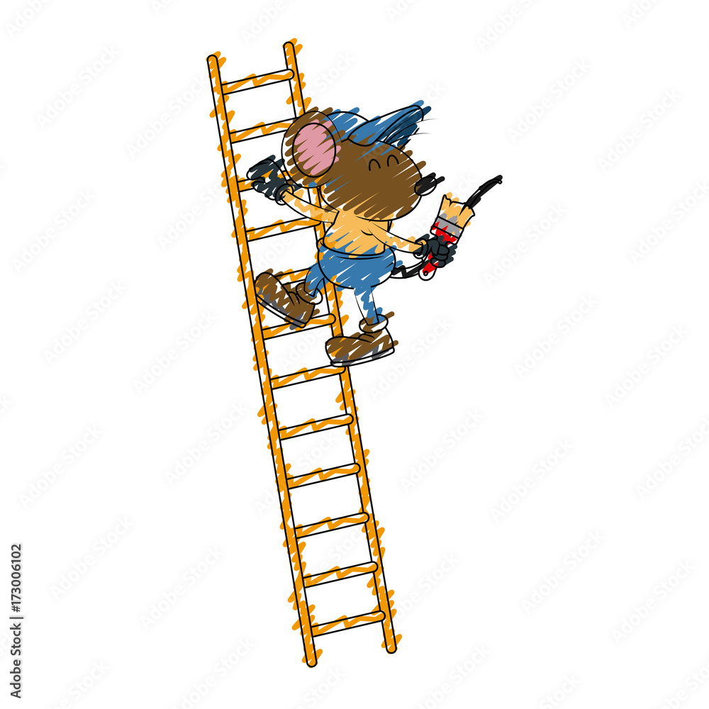 mouse worker painting on ladder cartoon icon vector illustration graphic design