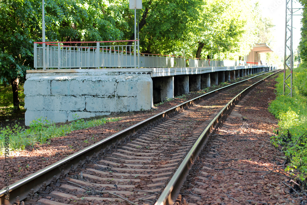 Fototapeta premium Abandoned station train platform in the woods