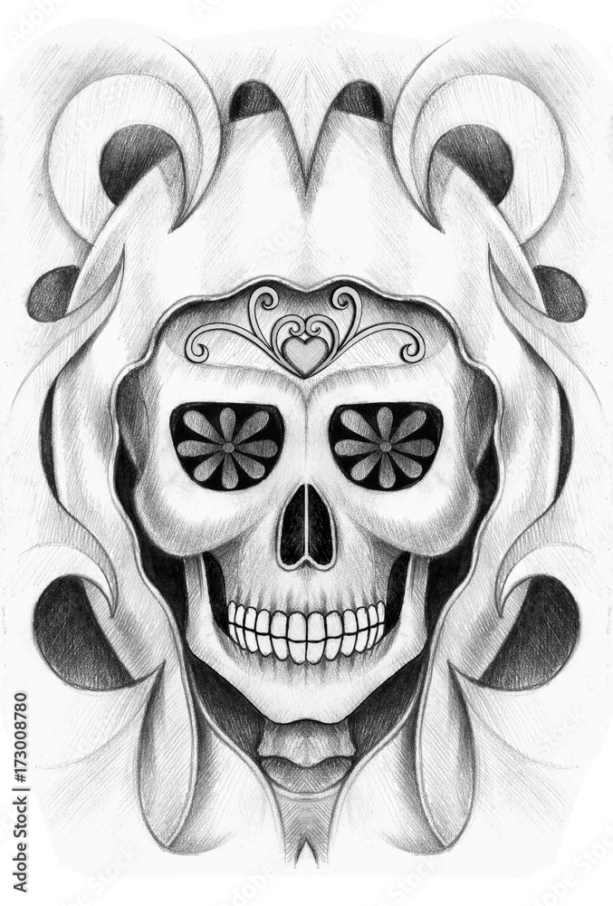 Art design skull tattoo. Hand pencil drawing on paper. Stock Illustration |  Adobe Stock
