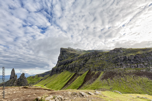 The Old Man of Storr with Summer clouds on the Isle of Skye in Scotland.