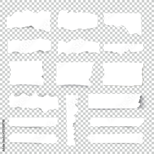 Set of blank Torn paper sheets. Vector note pieces collection with sticky tape.