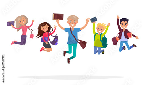 Group of Jumping Students Isolated Illustration