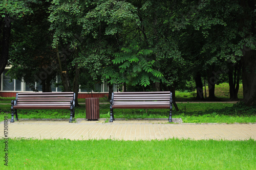 Fototapeta Naklejka Na Ścianę i Meble -  Two stylish benches in the old park