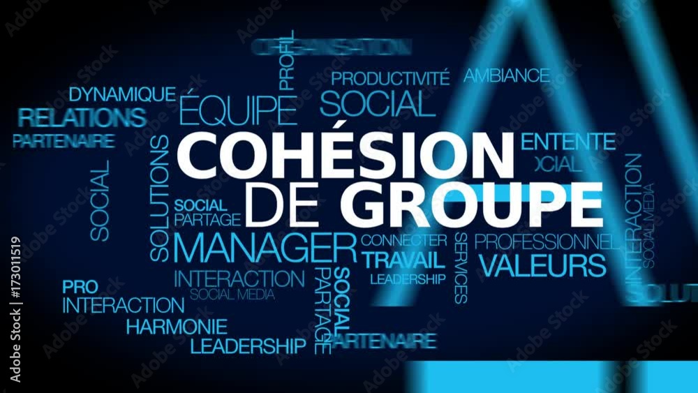 Cohésion de groupe travail d'équipe entreprise séminaire productivité collective réunion brainstorming nuage de mots texte blanc fond bleu animation