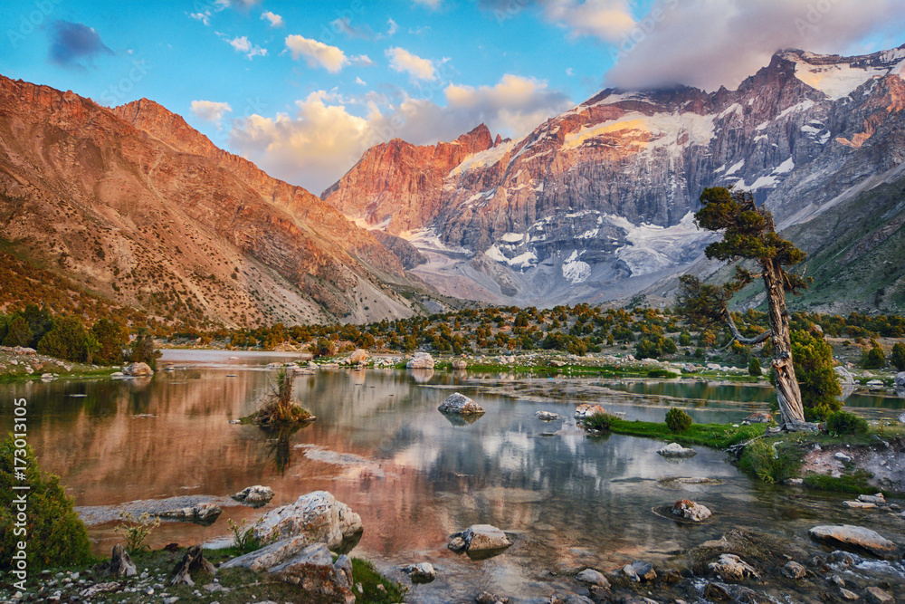 Landscape of beautiful Fan mountains and Kulikalon lake in Tajikistan