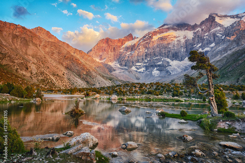 Landscape of beautiful Fan mountains and Kulikalon lake in Tajikistan