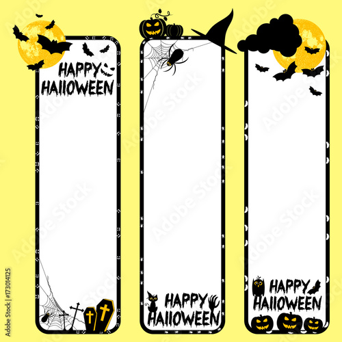 Holiday vertical banners for Halloween. Black frames with creepy pumpkins, bats and spiders on white background. Trick or treat vector illustration
