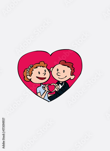 Just married inside heart, making the gesture of heart turn.