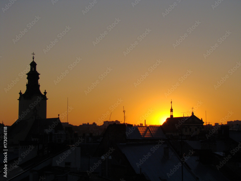 Sunset in Lviv, of Lviv from the height, Ukraine