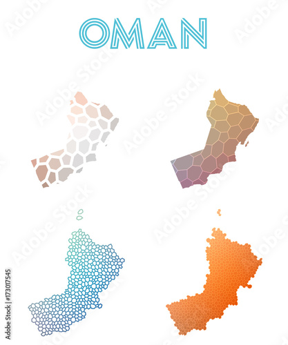 Oman polygonal map. Mosaic style maps collection. Bright abstract tessellation, geometric, low poly, modern design. Oman polygonal maps for infographics or presentation.