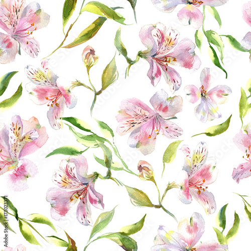 Romantic watercolor alstroemeria flowers pattern © Ekaterina