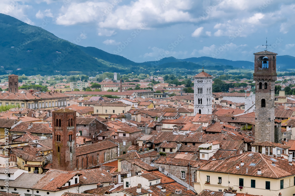 Aerial view of the center of Lucca, Tuscany, Italy from Guinigi Tower