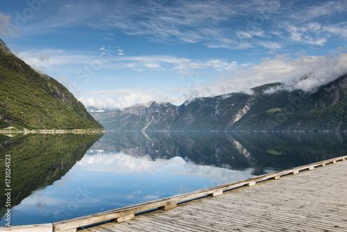 reflection of mountains in fjord in norway