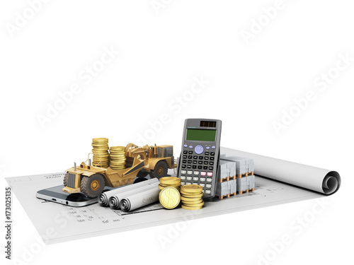 Concept of road pavement repair construction materials calculations drawing communication 3d render on white background no shadow