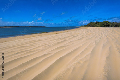 White large beach with wind blowing over it. Small sand dunes under blue sky on Fraser Island, Australia.
