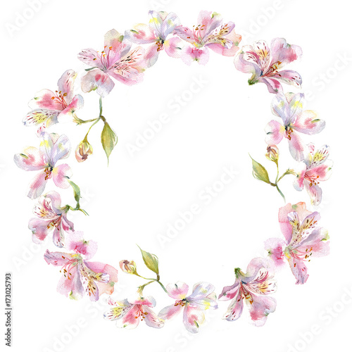 Romantic watercolor alstroemeria flowers wreath