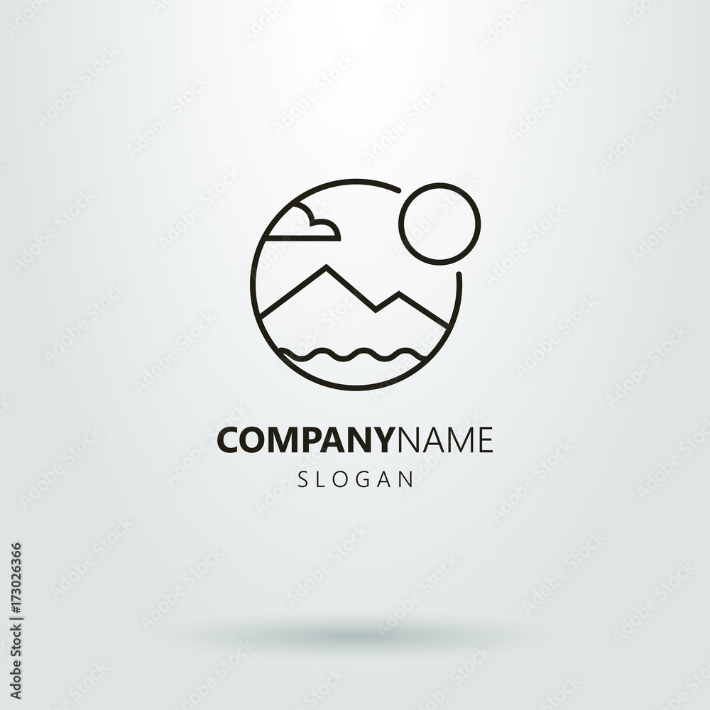 Black and white simple vector line art logo of mountain landscape with sun, cloud and water waves Black and white simple vector line art logo of mountain landscape with sun, cloud and water waves