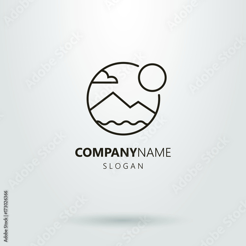 Black and white simple vector line art logo of mountain landscape  with sun, cloud and water waves