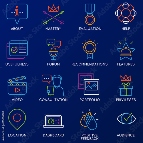 Vector set of linear color 16 icons related to feedback, review and customer relationship management. Mono line pictograms and infographics design elements - part 2