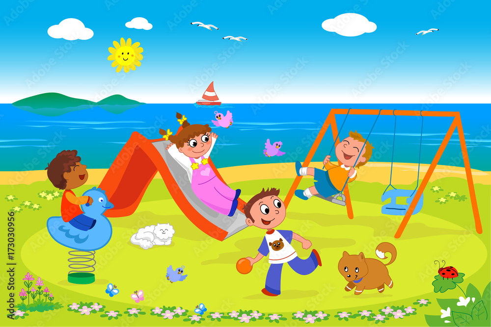 Obraz premium Kids in playground at the seaside vector