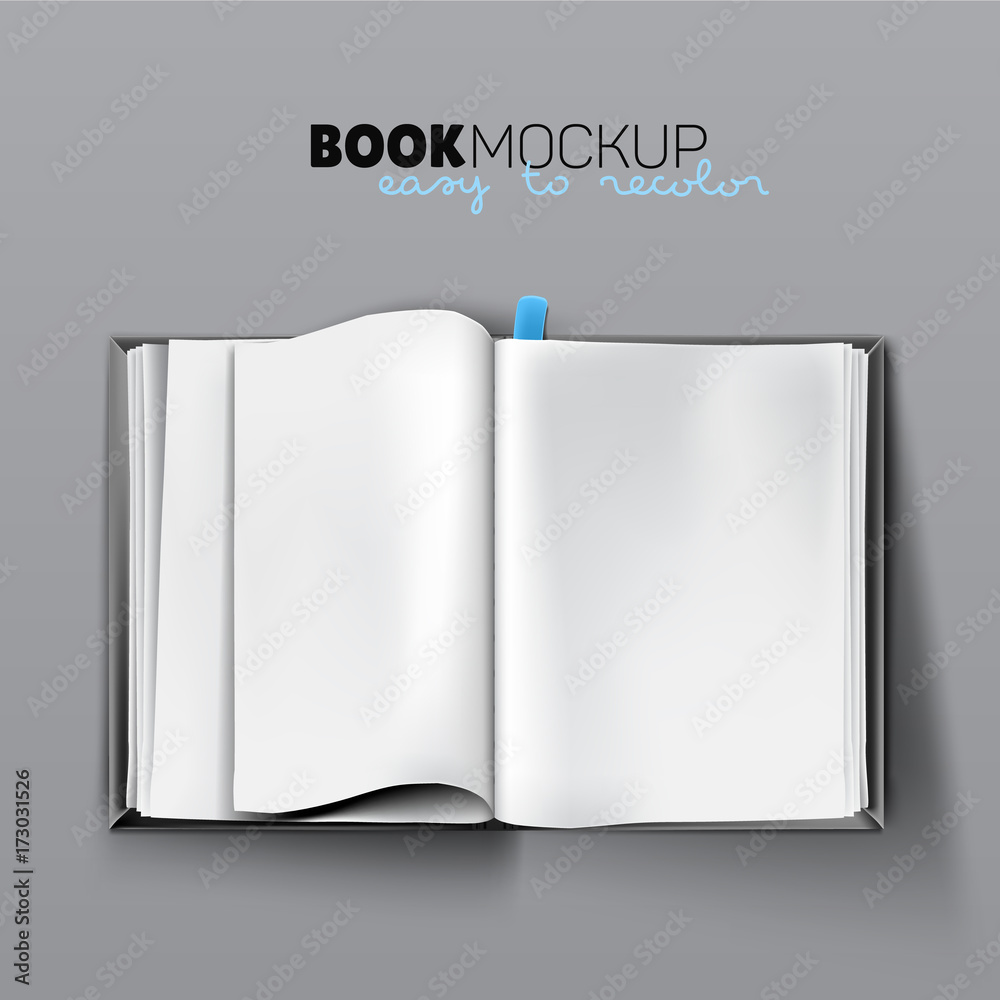 Realistic opened empty book mockup with blank white pages, page