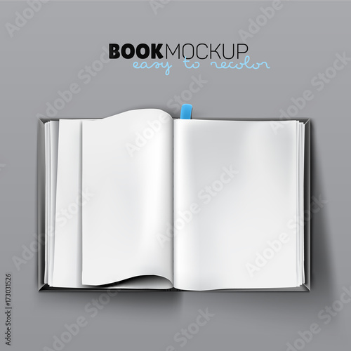 Realistic opened empty book mockup with blank white pages, page with curve and tab in hard cover. Vector illustration