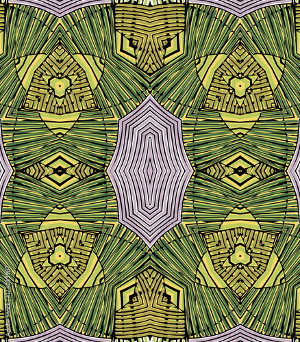 Seamless striped vector pattern. Vintage colored decorative repainting background with tribal and ethnic motifs. Abstract geometric roughly hatched shapes colored with hand drawn brush stokes.