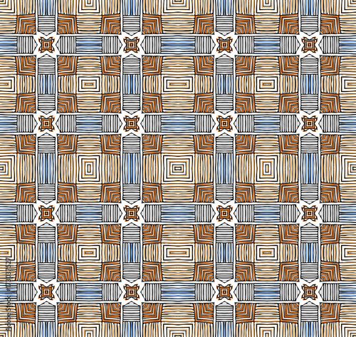 Seamless striped vector pattern. Vintage colored decorative repainting background with tribal and ethnic motifs. Abstract geometric roughly hatched shapes colored with hand drawn brush stokes.