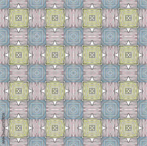 Seamless striped vector pattern. Vintage colored decorative repainting background with tribal and ethnic motifs. Abstract geometric roughly hatched shapes colored with hand drawn brush stokes.