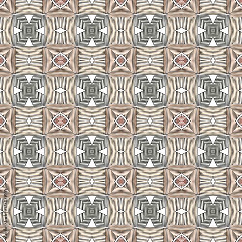 Seamless striped vector pattern. Vintage colored decorative repainting background with tribal and ethnic motifs. Abstract geometric roughly hatched shapes colored with hand drawn brush stokes.
