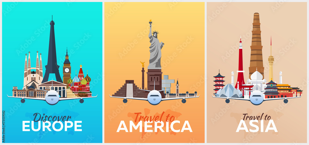 Travel posters to Europe, America, Asia. Vacation. Trip to country. Travelling illustration. Modern vector flat.